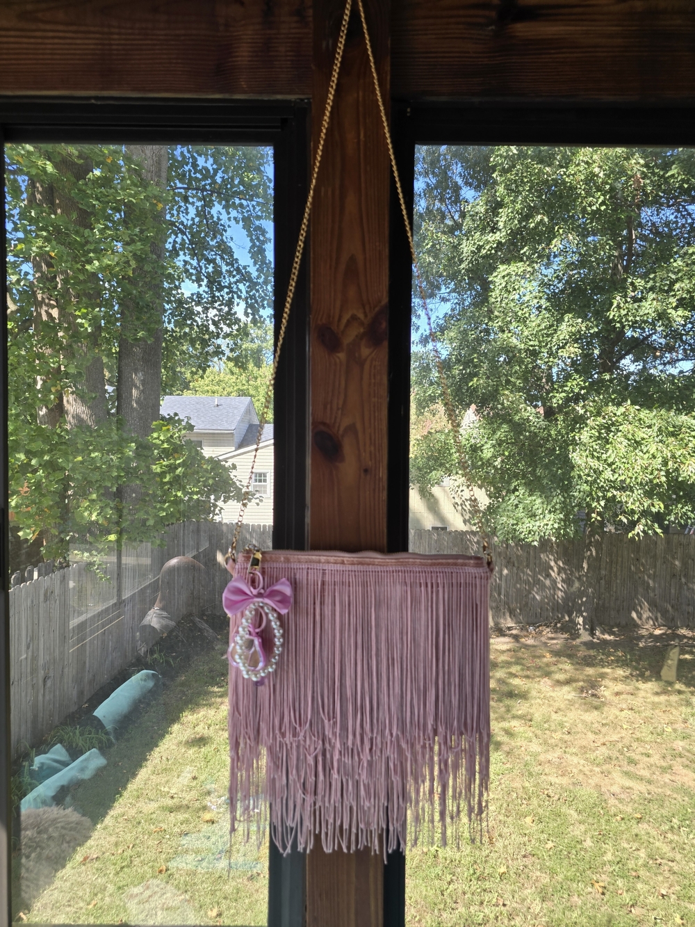 Pink Fringe Convertible Crossbody to Wristket Purse with Pearl Bag Charm - Picture 3 of 11